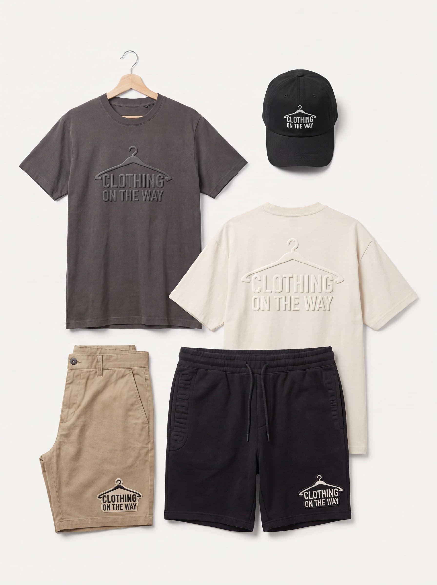The first Clothing on the Way collection — embossed tees, fleece and chino shorts, and an embroidered cap